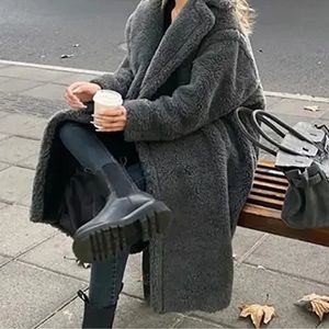 NEW! Grey Sherpa Plush Teddy Oversized Long Faux Fur Coat